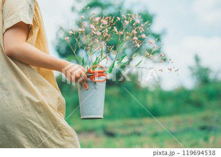 お花畑でサポナリアを摘む女性 119694538