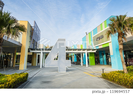 Low angle view of the Mitsui Outlet Park Taichung Port in Taiwan. it is Mitsui Fudosan's second base in Taiwan. 119694557