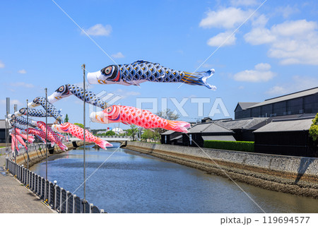 半田運河沿いに泳ぐ鯉のぼり　愛知県半田市 119694577