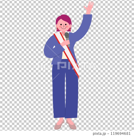 一名身穿褲裝和高跟鞋的女性在宣傳選舉時用麥克風發表演講的插圖 一名身穿褲裝和高跟鞋的女性在宣傳選舉時用麥克風發表演講的插圖 119694681