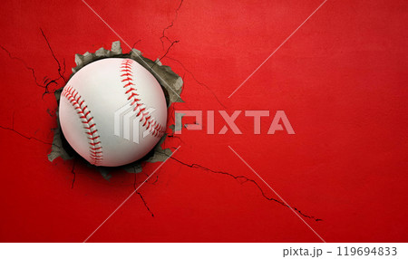 Baseball breaks through red concrete wall concept of power, strength. 119694833