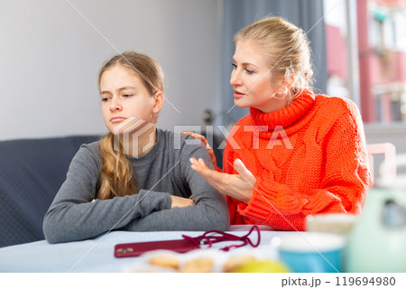 Portrait of woman trying to talk with daughter in home 119694980