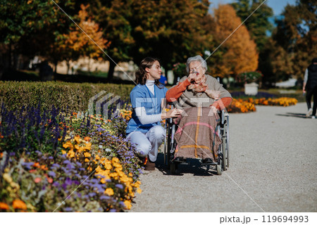 Disabled elderly woman in wheelchair on walk in the park during warm autumn day. Young nurse showing senior woman a flower. Disabled elderly woman in wheelchair on walk in the park during warm autumn day. Young nurse showing senior woman a flower. 119694993