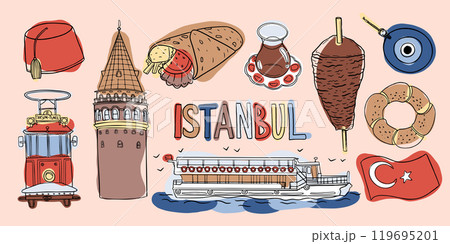 Colorful illustration of Istanbul landmarks and cultural icons, featuring food, architecture, and symbols. Colorful illustration of Istanbul landmarks and cultural icons, featuring food, architecture, and symbols. 119695201