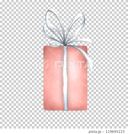 Gift box with bow and ribbon, red and white colors. Hand drawn watercolor isolated illustration for decoration, designs, birthday greeting cards and decors, compositions and festive packaging. 119695225