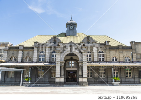 Building view of the Hsinchu Railway Station in Taiwan. Built during the rule of Japan,  it is the oldest station in Taiwan now listed as a national monument. 119695268
