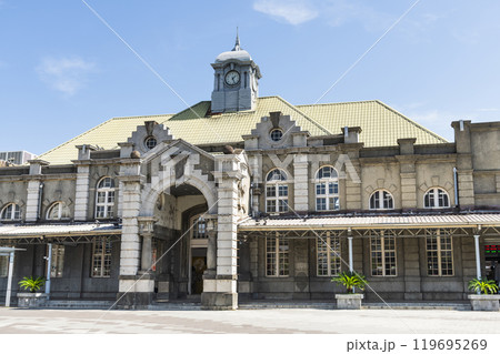 Building view of the Hsinchu Railway Station in Taiwan. Built during the rule of Japan,  it is the oldest station in Taiwan now listed as a national monument. 119695269