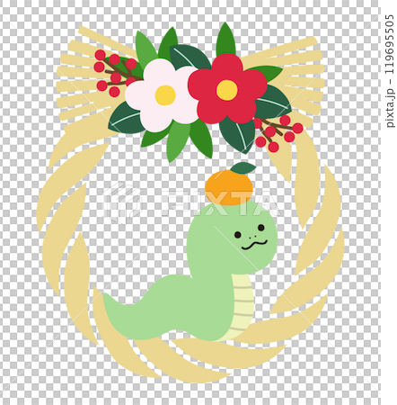 Vector illustration of a cute New Year's decoration of a shimenawa and snake for the year of the snake 2025 New Year's card Zodiac sign 119695505