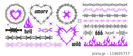 Y2k gothic tattoo stickers, neo tribal black and violet elements in trendy emo style Y2k gothic tattoo stickers, neo tribal black and violet elements in trendy emo style 119695757