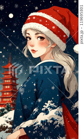 サンタクロースの服を着た絵画調の女性と雪景色、和服 119695801