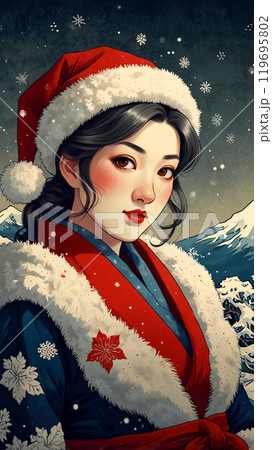 サンタクロースの服を着た絵画調の女性と雪景色、和服 119695802