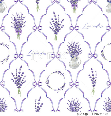 Lavender flower decor elegant seamless pattern. Watercolor vintage style illustration. Hand drawn lavandula herb elegant tender colors decoration. Lavender flowers rustic style seamless ornament. 119695876