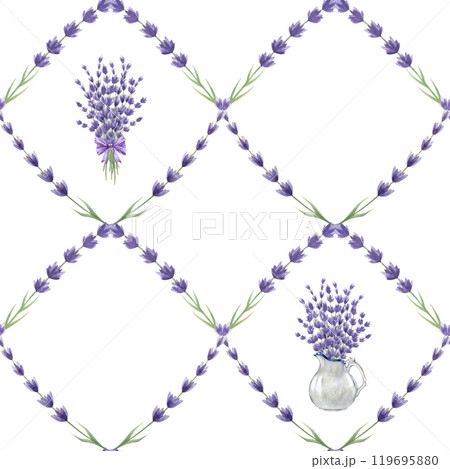 Lavender flower element decor seamless pattern. Watercolor vintage style illustration. Hand drawn organic lavandula herb elegant decoration. Lavender flowers rustic style seamless pattern 119695880
