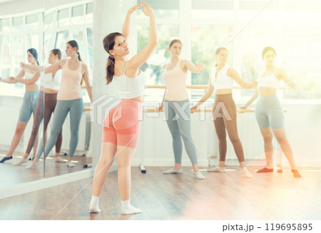 Young ballerinas rehearse ballet poses during ballet classes Young ballerinas rehearse ballet poses during ballet classes 119695895
