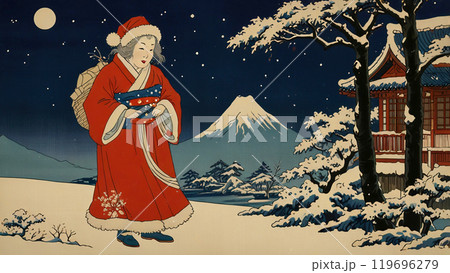 浮世絵風のサンタクロースと風景 119696279