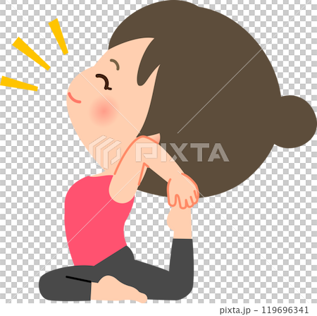 A woman in training wear doing pigeon pose A woman in training wear doing pigeon pose 119696341