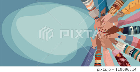 Group hands on top of each other of multicultural people. Community teamwork cooperation or ethnicity concept.Diverse culture. Equality diversity inclusion. Agreement between colleagues Group hands on top of each other of multicultural people. Community teamwork cooperation or ethnicity concept.Diverse culture. Equality diversity inclusion. Agreement between colleagues 119696514