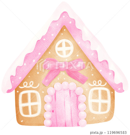 Pink Coquette Christmas Gingerbread House with ribbon bow watercolor 119696583