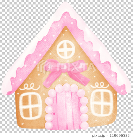 Pink Coquette Christmas Gingerbread House with ribbon bow watercolor 119696583