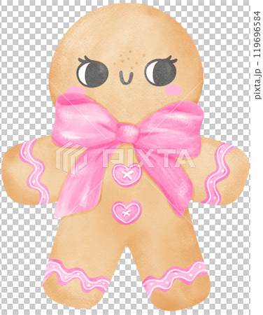 Pink Coquette Christmas Gingerbread man with ribbon bow watercolor 119696584
