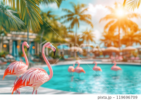 Flamingos by the Blue Lagoon on a Sunny Day 119696709