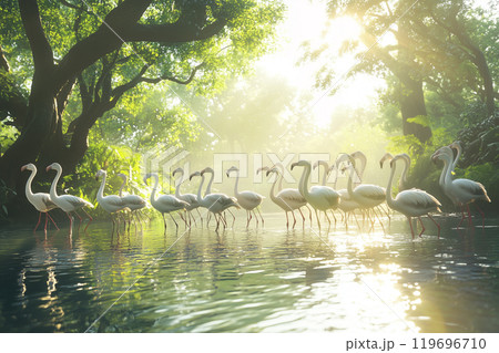 Flamingos at Sunrise by the Blue Lagoon Flamingos at Sunrise by the Blue Lagoon 119696710