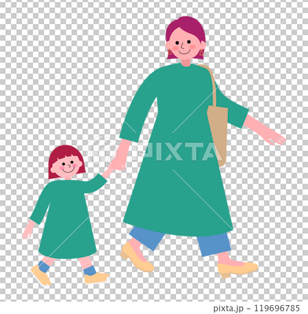An illustration of a mother and daughter going out in matching outfits 119696785