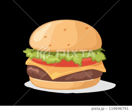 A flat vector illustration of a hamburger with a sesame seed bun, cheese, lettuce, tomato, and a beef patty. 119696791