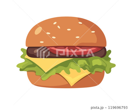 A flat vector illustration of a simple hamburger with cheese, lettuce, tomato, and a beef patty, all enclosed in a sesame seed bun. 119696793