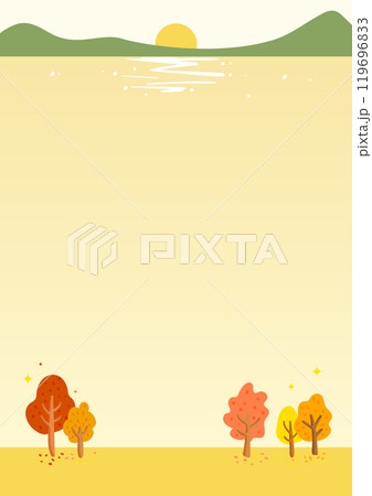 Autumn scenery with trees and mountains by the sunset lake. 119696833