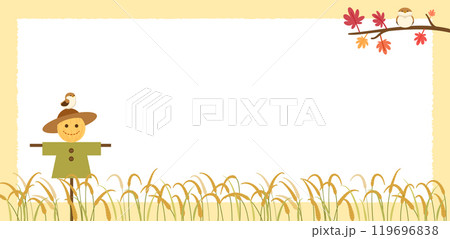 Autumn Landscape Frame with Rice, Scarecrow Maples and Sparrows. 119696838