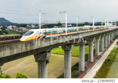 Overlooking view of the Taiwan High Speed Rail trains passing the Waipu of Taichung in Taiwan, It is the only high-speed railway in Taiwan. 119696891