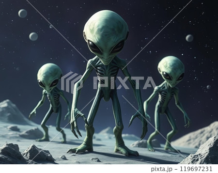 Three Aliens Walking on the Moon. High quality illustration 119697231