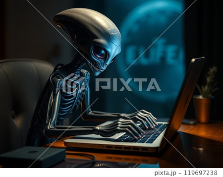 A slender alien figure, sitting at a desk in...のイラスト素材 [119697238] - PIXTA