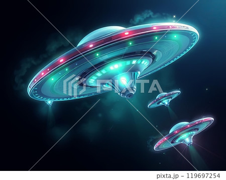 Three UFOs flying with colorful glowing lights in the night sky. The UFOs create a vibrant and futuristic atmosphere with their otherworldly design. High quality illustration 119697254