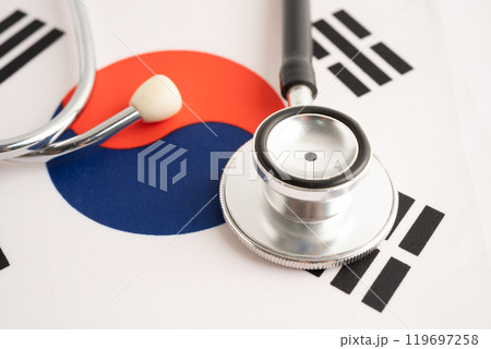 Stethoscope on South Korea flag, Business and finance. 119697258