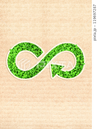 Arrows recycle symbol with clover leaves on striped cardboard texture. Horizontal banner with eco paper texture. Ecology, go green, Green Energy, environmental, conservation protection concept 119697287