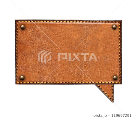 Empty comic speech bubble from leather texture of brown color. Leather tag with decorative borders and metal rivets. Isolated on white. Copy space for text Empty comic speech bubble from leather texture of brown color. Leather tag with decorative borders and metal rivets. Isolated on white. Copy space for text 119697291