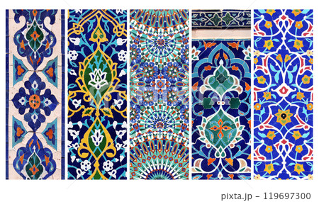 Set of vertical or horizontal banners with detail of ancient mosaic walls with floral and geometric ornaments. Collection of backgrounds with traditional iranian tile decorations 119697300