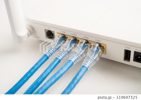 Ethernet cable with wireless router connect to internet service provider internet network. 119697325