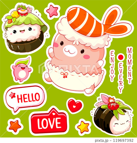 Vector Set of cute stickers with funny animal, sushi and rolls in kawaii style. Japanese traditional cuisine dishes. Can be used for t-shirt print, sign patch bundle, greeting card, menu design Vector Set of cute stickers with funny animal, sushi and rolls in kawaii style. Japanese traditional cuisine dishes. Can be used for t-shirt print, sign patch bundle, greeting card, menu design 119697392
