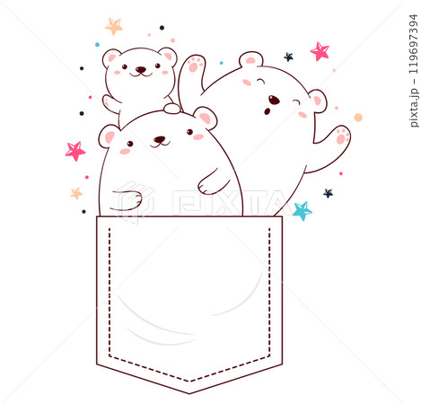 Little polar bears in pocket. Baby print with cute animal in pocket. Childish print with three funny polar bears friends. Can be used for t-shirt, sticker, greeting card design. Vector EPS8 119697394