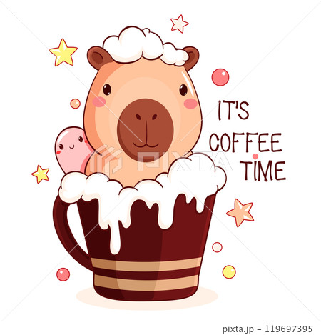 Lovely little capybara in cup. Square card with cute animal in cup in kawaii style. Inscription It's coffee time. Can be used for t-shirt print, stickers, greeting card design. Vector EPS8 Lovely little capybara in cup. Square card with cute animal in cup in kawaii style. Inscription It's coffee time. Can be used for t-shirt print, stickers, greeting card design. Vector EPS8 119697395