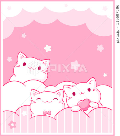 Cute pink card with kawaii kittens. Baby card with little pets in adorable style. Childish print with funny cats for t-shirt design. Vector illustration EPS8 119697396