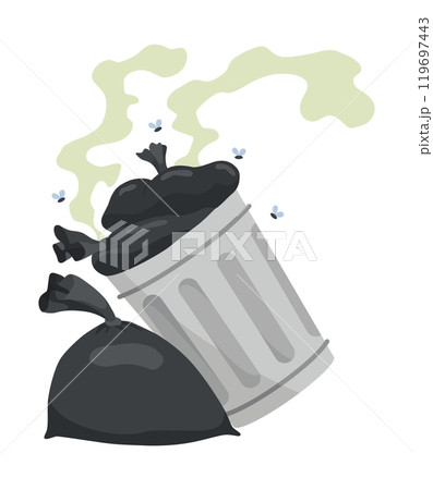 Garbage or waste icon. Metal garbage container with unsorted trash. Rubbish that smells ugly and started to decompose. Ecology and environment concept. Isolated on white background. Garbage or waste icon. Metal garbage container with unsorted trash. Rubbish that smells ugly and started to decompose. Ecology and environment concept. Isolated on white background. 119697443