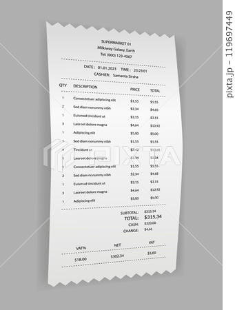 Payment check and receipts with shadow. Financial paper, purchase invoice. Buying, bill or calculate pay. Receipt the seller form Payment check and receipts with shadow. Financial paper, purchase invoice. Buying, bill or calculate pay. Receipt the seller form 119697449