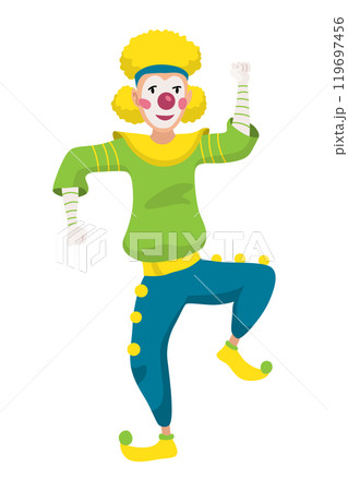 Circus clown. Kids holiday character. Entertainment artist. Jester performer, shapito circus show entertainers in funny costume, wig, makeup and red nose. Performers artist in classic outfit 119697456