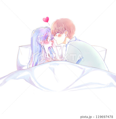 女性に迫る男性　パジャマ　ベッド　 119697478