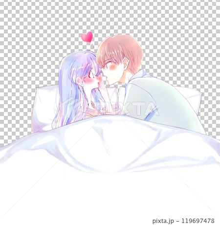 女性に迫る男性　パジャマ　ベッド　 119697478