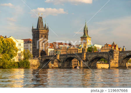 the river Vltava with the Charles Bridge and Old Town Bridge Tower, Prague, Czech republic 119697666